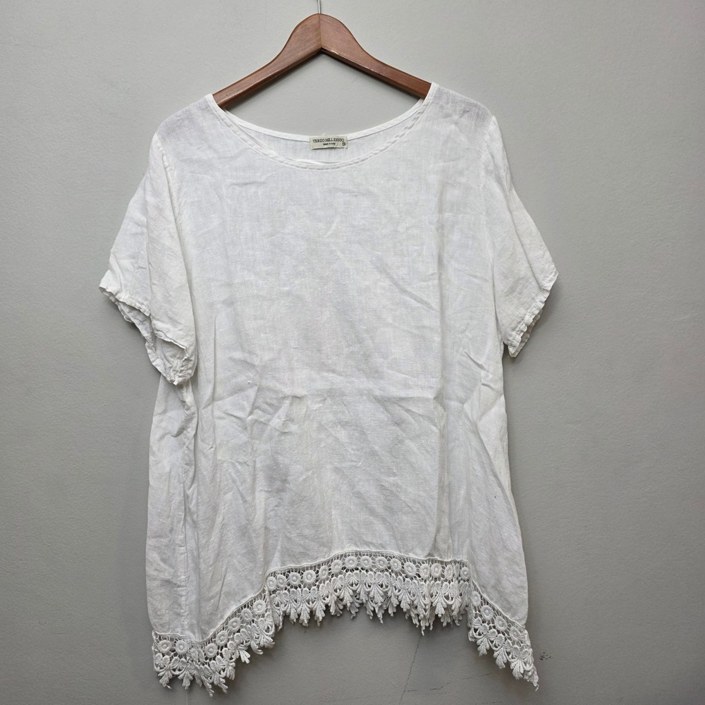 TERZO MILLENNIO White Linen Crocheted Lace Trim Tunic Top Italy 1X Logon Look